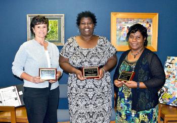 The October employees of the month were announced during Thursday’s St. Mary Parish School Board meeting. They are, from left, Yvette Lake, civics teacher at Berwick High School; Constance Hawkins, cafeteria manager at J.A. Hernandez Elementary; and Agnes Lee, math teacher at B.E. Boudreaux Middle.