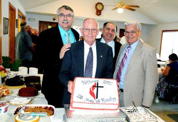 Four former pastors were among those gathered for Patterson United Methodist Church’s 200th anniversary celebration Sunday at the church. Along with current pastor, the Rev. Steven Porter, left, are, continuing from right, the Rev. Peter Harrington, who served at the church from 1968 to 1969; the Rev. John Locascio, who served the local congregation from 1997 to 2003; and the Rev. Gary Van Horn, who led the church from 1976 to 1980.