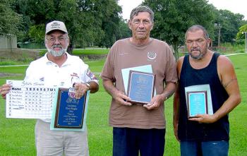 Class A men’s winners at the Louisiana State Singles Horshoe Pitching Championships in Welsh Sept. 28-29 were, from left, Ricky Richard of Chruch Point, first-place; Ron Latiolais of Gonzales, second-place; and Kevin Dore’ of Patterson, third place. Look for pictures from the others local winners in next week’s editions.