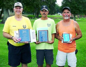Class B Men’s winners at the Louisiana State Singles Horseshoe Pitching Championships were, from left, Charles Savoy of Jennings (first), David Reed of Welsh (second) and Jimmy Percle of Morgan City (third).