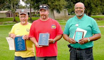 Class D Men’s winners at the Louisiana State Singles Horseshoe Pitching Championships were, from left, Allen Duplantis of Lacassine (first), Mike Ricardo of Shreveport (second) and Burnie Williams of Morgan  City (third).