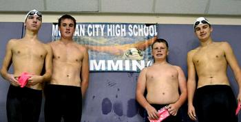 Morgan City High School competed in the Pink Meet at UNO Lakefront Arena Saturday. The event was a fundraiser for breast cancer. Morgan City’s medley relay earned their pink caps for swimming a personal best. From left to right are Trevor Vaughn, Ethan Aucoin, Carter Arcemont and Dylon Mayon.