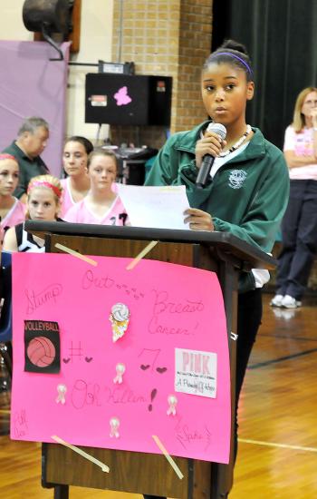 Morgan City Junior High School held its Pink Game earlier this
month. Prior to the game, the school held a ceremony in which
various groups from the school and Berwick Junior High School
participated. Above, Morgan City Junior High School eighth grader Alira Clark, who represented the Sistahs Organization, participates in the event. Berwick Junior High won the seventh-grade match, while Morgan City took the eight-grade match.