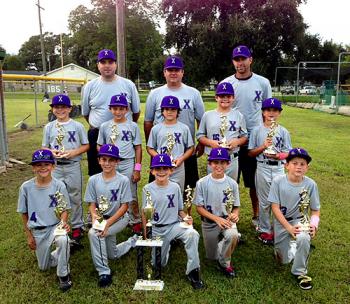 The X-plosion 10U travel baseball team won the Terrebonne Bayou Fall Ball Tournament Oct. 12-13 with a 4-0 mark. The squad is made up of youngsters from Berwick and Patterson. Kneeling, from left, are Clay Menard, Tanner Simmons, Jackson Thorguson, Kaden Samuels and Jude Vasquez. Standing, from left, are Ross Thomas, Brett Bearb, Carter Williams, Luke Zerangue and Owen Thorguson. On the back row, from left, are assistant coach Brian Thorguson, head coach John Menard and assistant coach Nathan Samuels.