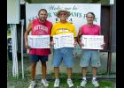 Winners of the Bayou Horseshoe Pitchers Association City Singles Tournament Sunday at Kemper Williams Park near Patterson were, Kevin Dore’ of Patterson, City Champion; Gerald Prados of Centerville, second; and Karl Vaughn of Bayou L’Ourse, third.